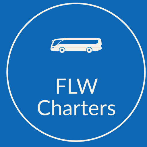 Logo of FLW Charters featuring a bus icon inside a blue circle.